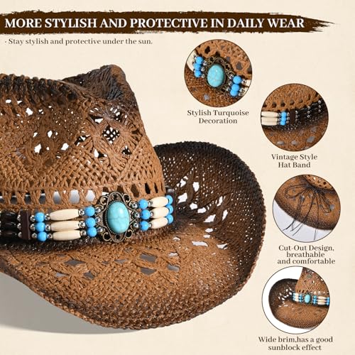 Straw Cowboy Hat for Men Womens Straw Cowgirl Hat Summer Western Cowboy Hats with Wide Brim for Cowgirls and Cowboys - color: Brown 3#
