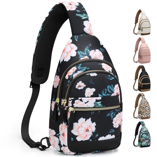 Capolo Sling Bag for Women Men Waterproof Crossbody Bags for Women Trendy Casual Fanny Pack with Convertible Shoulder Strap Chest Bag for Travel Hiking(Black Flower, Medium) - color: Black Flower, size: Medium