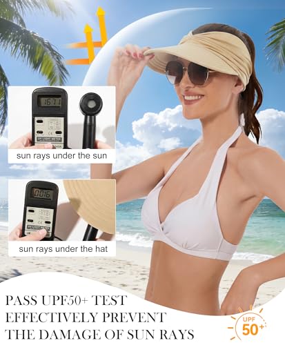 Zando Sun Visor Hats for Women - Beach Wide Brim Fashion Hat UV Protection Quick Dry Packable Summer Cap for Casual Sports - color: Beige
