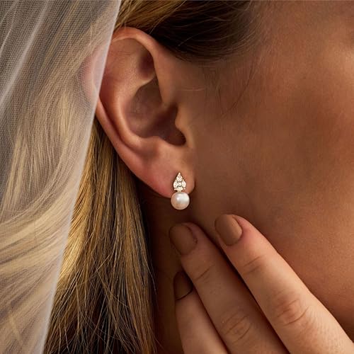 Hayopi Pearl Earrings for Women - Dainty Gold Dangle Drop Earrings, 14k Gold Plated Cute Bow Design, Hypoallergenic Pearl Studs, Wedding Jewelry Gifts - color: GOLD-Sharp CZ earrings