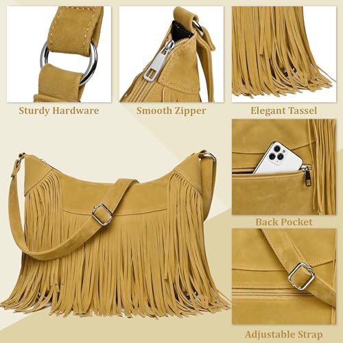 Fringe Hobo Bags for Women Vintage Suede Crossbody Bag Hippie Western Cowgirl Purses Tassel Shoulder Bag - color: Yellow