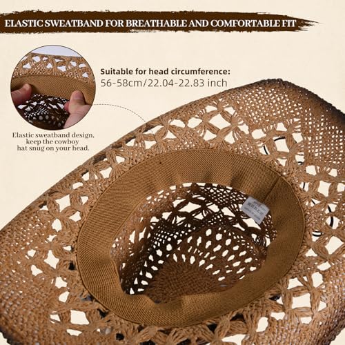 Straw Cowboy Hat for Men Womens Straw Cowgirl Hat Summer Western Cowboy Hats with Wide Brim for Cowgirls and Cowboys - color: Brown