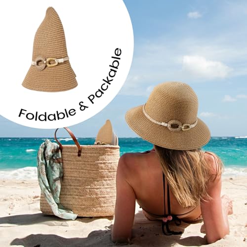 Beach Sun Straw Hats for Women, UPF 50+ UV Sun Protection Wide Brim Summer Straw Hat Foldable Packable Roll up Cap - color: Hemp Rope Buckle - Khaki