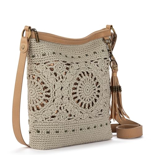 The Sak Lucia Crossbody Bag in Crochet, Convertible Purse with Adjustable Shoulder Strap - color: Natural Grey Medallion