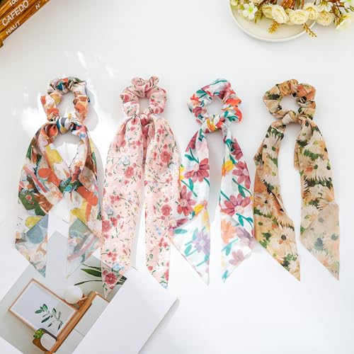 Boho Hair Scarf Scrunchies for Women Bow Hair Ties Floral Hair Scrunchies Silk Elastic Ponytail Holder Hair Accessories for Girls 4 pcs (Flower-3) - color: Flower-3
