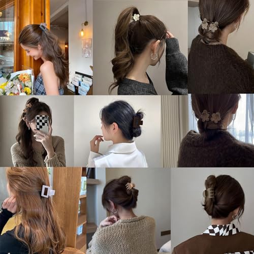 16Pcs Medium Claw Hair Clips for Women Girls,Matte Rectangle Double Row Teeth Flower Semicircle Small Claw Clips for Thin/Medium Thick Hair, Jaw Clips Nonslip Clips (Beige,Khaki,Brown,Black) - color: 16pcs