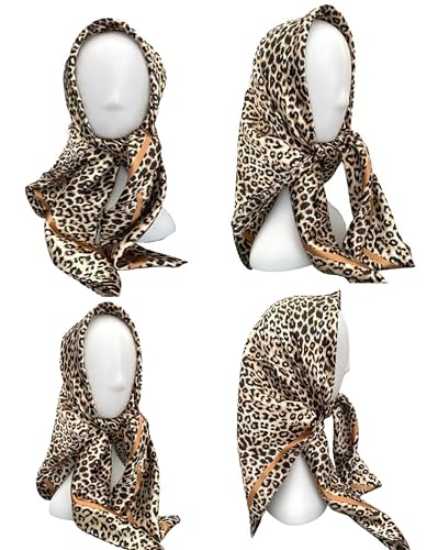 INOGIH 35'' Leopard-Print Satin-Bandana-Headscarf - Light Head Wraps Neck Face Scarves Cover for Women - color: Light Khaki