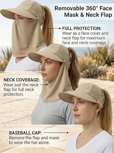 Outdoor Wide Brim Sun Hat Visor for Women, Detachable Face & Neck Cover, Hiking Gardening UPF 50+, Ponytail Friendly - color: Light Khaki
