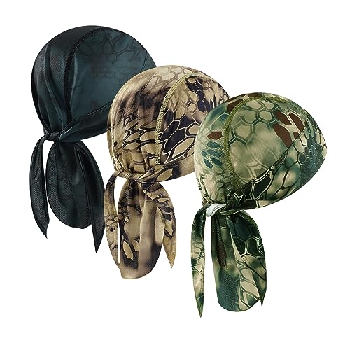 DOCILA 3 Pcs Do Rags for Men Skull Cap Bandana Hat Breathable Helmet Linner Beanie - color: Snakeskin