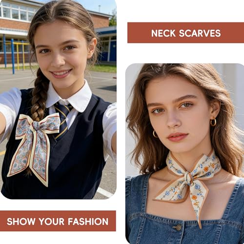 ZXZH 6 Pack Fashion Scarves for Women, Versatile Boho Head Scarf, Satin Scarf for Hair, Neck, Wrist, and Purse Accessories - color: Cognac Botanical Mix