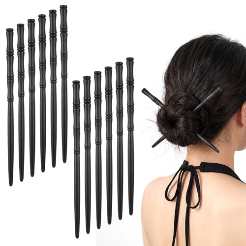 12 Pcs Bamboo Shape Wooden Hair Chopsticks for Women, 6.9 Inch Vintage Chinese Hair Stick Retro Black Japanese Hairpin for Long Hairs Women Decorative Hairpins for Hanfu Buns