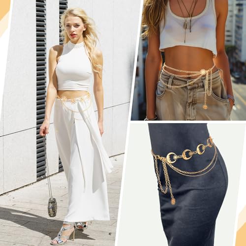 3Pcs Layered Waist Chains for Women Gold Multilayer Metal Adjustable Fashion Accessories Dress Hip Chain Belt - style: Boho Gold Sunflower