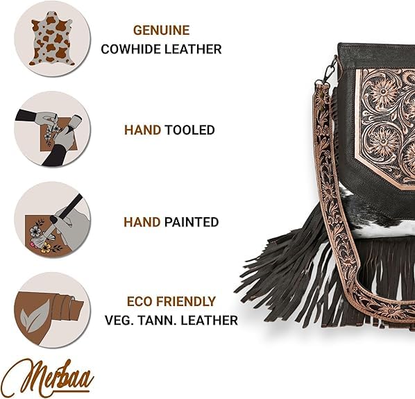Merbaa Berlin hand-carved Fringed Shoulder Bag Natural Cowhide Hand Bag with Floral Hand Tooling - color: Brown