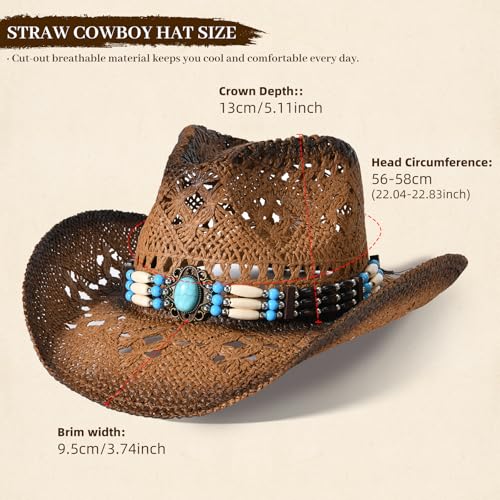 Straw Cowboy Hat for Men Womens Straw Cowgirl Hat Summer Western Cowboy Hats with Wide Brim for Cowgirls and Cowboys - color: Brown 3#