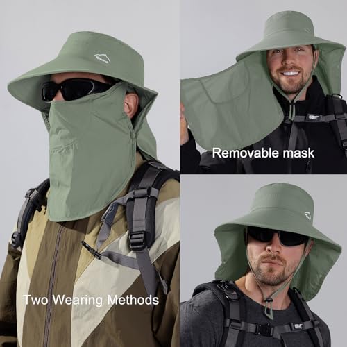 Sun Hat for Men Women with Neck Flap,UPF 50+ UV Protective Hiking Fishing Hats,Wide Brim Sun Hat for Women&Men - color: 1pack-style2-green(with Face Cover)