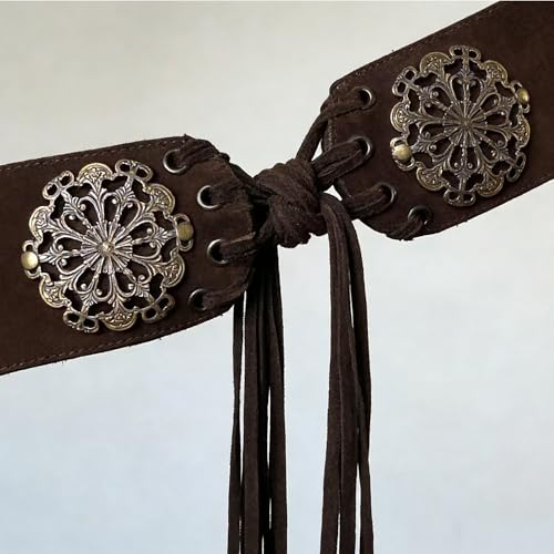 Women's Vintage Disc Renaissance-Corset-Belt 3.15" W Western Suede-Cinch-Belts w/Tassel-Closed for 25-40in Waist - color: Coffee