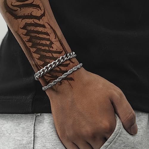 2Pcs Stainless Steel Bracelets for Men 14K Gold Plated Cuban Link Figaro Rope Silver Chain Bracelet Set Curb Width Sturdy Bracelet 7.5/8.3/9 Inches Jewelry Gifts for Dad Husband - color: D:Silver-Rope+Cuban Link, size: Display Length: 9.0 Inches