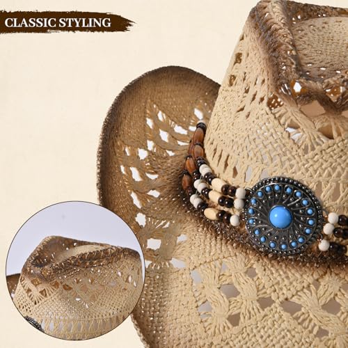 Straw Cowboy Hat for Men Womens Straw Cowgirl Hat Summer Western Cowboy Hats with Wide Brim for Cowgirls and Cowboys - color: Beige