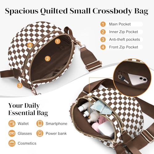 Spacious Nylon Checkered Crossbody Bum Bag for Women, Fashion Checkerboard Fanny Pack Purse with Anti-theft Pocket, Adjustable Wider Strap Wasit Bag (White-Brown) - color: White-brown