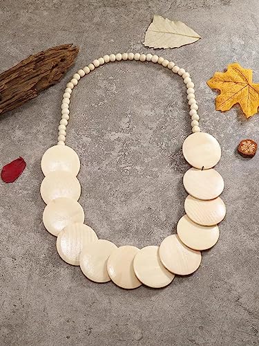 COLORFUL BLING Natural Chunky Wooden Beads Statement Necklace Boho African Tribal Collar Choker Bib Necklace Hippie Vacation Jewelry for Unisex Men Women - color: long light