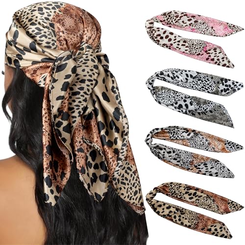 HBselect 4PCS Head Scarf for Women 35” Head Scarves Silk Like Satin Neck Scarfs Square Bandana Hair Wraps Scarf for Sleeping - color: Pink, White, Coffee, Khaki