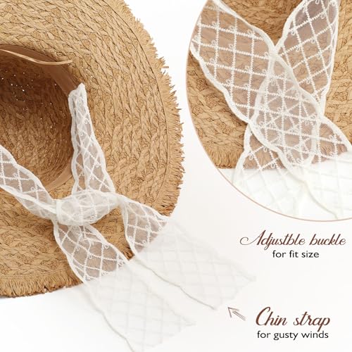 Womens Beach Sun Straw Hat, Wide Brim Sun Hat Travel Foldable Summer Wind Lanyard UPF 50+ - color: Khaki With Lace