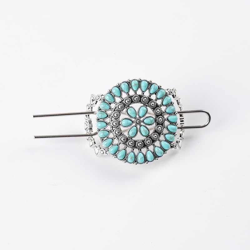 1 Pack Turquoise Flower Hair Clip Metal Hair Sticks Hair Barrettes Green Blue Stone Hairpin for Women Accessories (Blue) - color: Blue