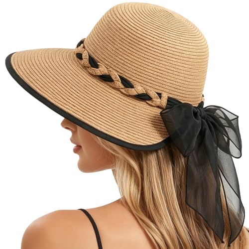 Beach Sun Straw Hats for Women, UPF 50+ UV Sun Protection Wide Brim Summer Straw Hat Foldable Packable Roll up Cap - color: Deep Khaki