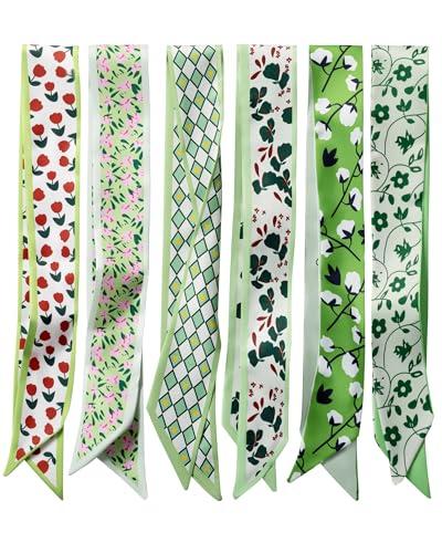ZXZH 6 Pack Fashion Scarves for Women, Versatile Boho Head Scarf, Satin Scarf for Hair, Neck, Wrist, and Purse Accessories - color: Fresh Green Botanical