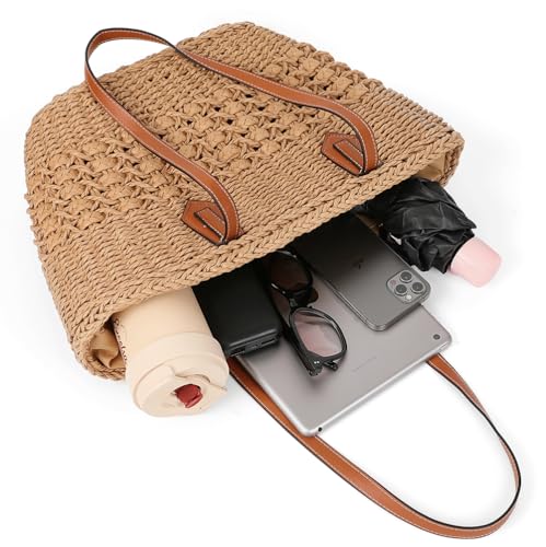 Women's Straw Shoulder Bag Large Rattan Woven Totes Summer Travel Beach Handbag Handmade Top Handle Purse - color: Coffee