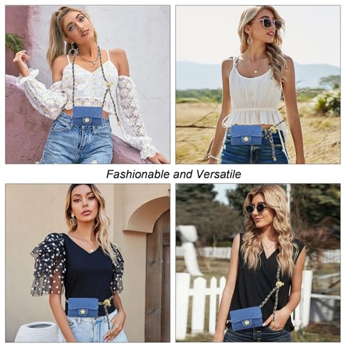 YAMEIZE Mini Denim Chain Belt Bag for Women Quilted Waist Purse Crossbody Fanny Pack Detachable Belt Chain - color: Blue - Mini (4.7x2.7 Inch)