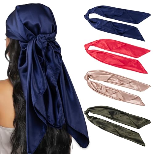 HBselect 4PCS Head Scarf for Women 35” Head Scarves Silk Like Satin Neck Scarfs Square Bandana Hair Wraps Scarf for Sleeping - color: Navy Blue, Khaki, Red, Army Green