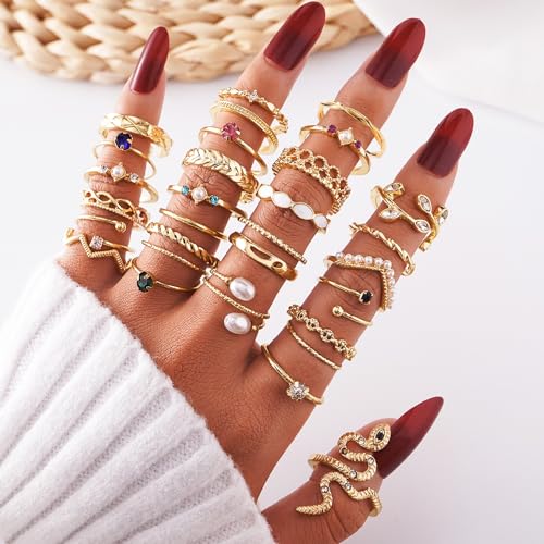 Gold Boho Sparkle Knuckle Rings Set For Women, Vintage Fashion Aesthetic Trendy Joint Snake Ring Pack, Retro Green Black Pink Colorful Rhinestone Star Crystal Leaf Diamond Pearl Jewelry - color: Gold-30Pcs