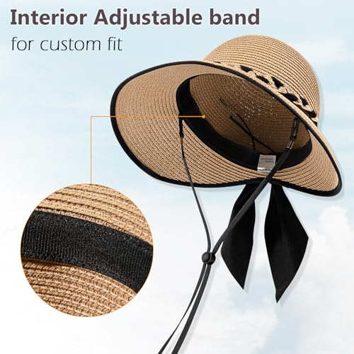 Beach Sun Straw Hats for Women, UPF 50+ UV Sun Protection Wide Brim Summer Straw Hat Foldable Packable Roll up Cap - color: Deep Khaki