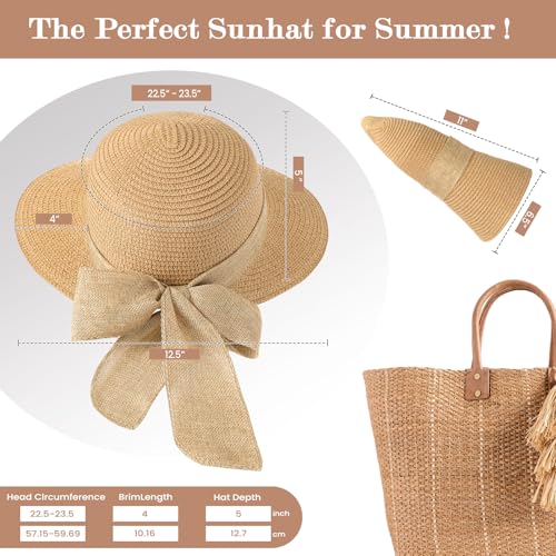 Beach Sun Straw Hats for Women, UPF 50+ UV Sun Protection Wide Brim Summer Straw Hat Foldable Packable Roll up Cap - color: Khaki Bow