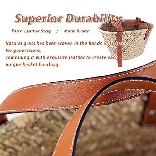 Straw Basket Tote Bag for Women PU Leather Strap Hollow Woven Top Handle Straw Purses and Handbags - color: Brown-12in-small