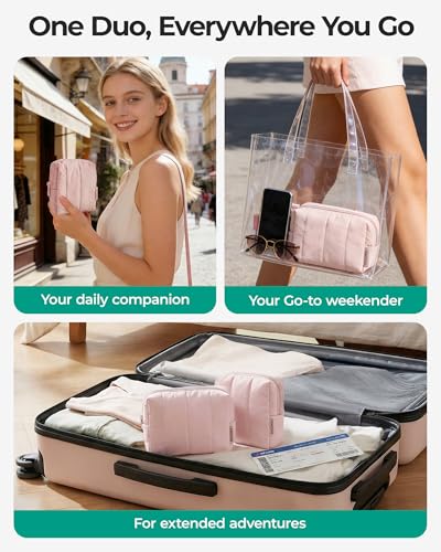 BAGSMART Makeup Bag Duo Set, Puffy Padded Travel Cosmetic Organizer with Slip-in Pockets, Large Toiletry Bag & Small Purse Pouch, Travel Essentials for Women, Baby Pink - color: 12-Baby Pink