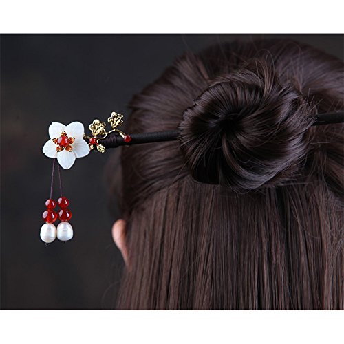 Chinese Classical Hairpin Pearl Shell Flower Headdress Hair Chopsticks for Women Wooden 7.08" Hair Sticks for Buns with gift Box(1pack) - color: C