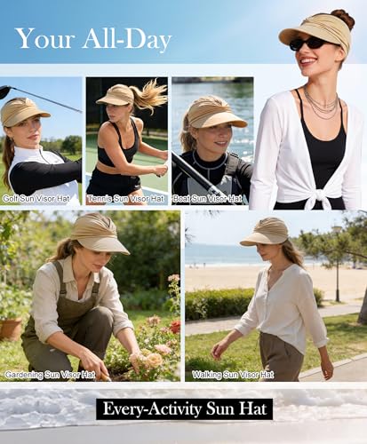 Zando Sun Visor Hats for Women - Beach Wide Brim Fashion Hat UV Protection Quick Dry Packable Summer Cap for Casual Sports - color: Beige