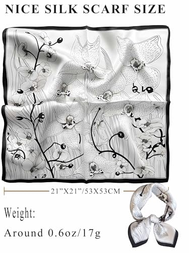 100% Mulberry Silk Scarf for Women Hair Lightweight Square Neckerchief Wrap For Head Scarves 21" - color: 23-black and White Flower /21"*21"