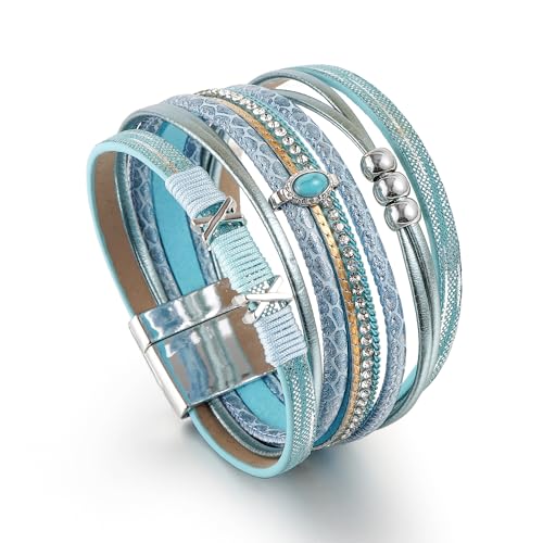 Edoneery Leather Wrap Bracelet for Women, Boho Handmade Multi-Layer Cuff with Crystal Beads Heart, Stackable Bangle Western Jewelry Gift - style: Turquoise(Blue)