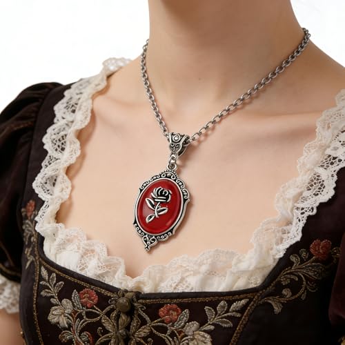 Gothic Vintage Gem Pendant Necklace | Victorian Style Filigree Silver-Tone Jewelry | Ideal Gift for Party Cosplay & Daily Wear - color: Red Rose