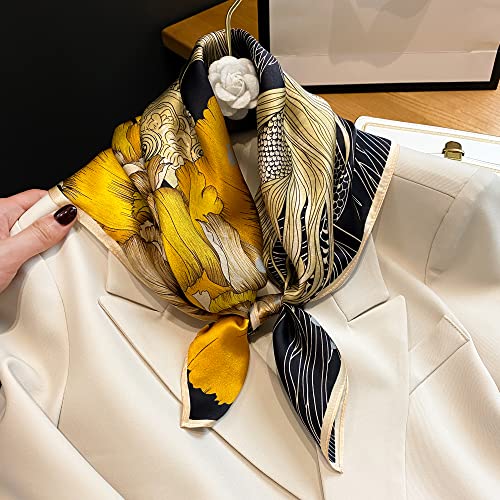 FEIBOON 100% Pure Mulberry Silk Scarfs 26"x26" Square Scarf Women Neckerchief Headscarf hair scarf bandana Gift Packed - color: Black+yellow Flowers