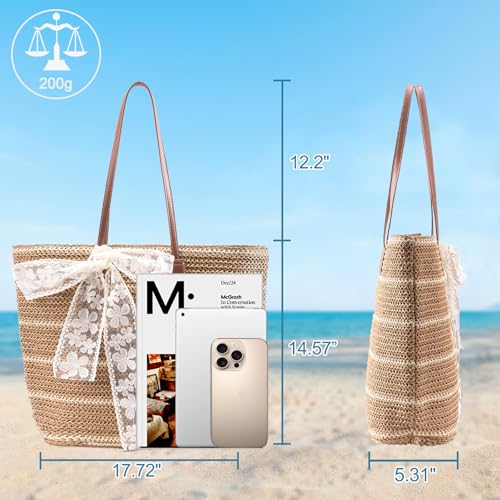 Straw Beach Tote Bag for Women - 2026 Large Handwoven Summer Vacation Purse with Zipper for Travel Pool Shopping Essentials | Zipper Closure, Beach Vocation, Lightweight Foldable, Large Capacity, Eco-friendly, Boho Style
