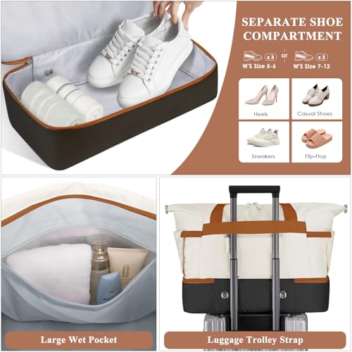 ETRONIK Gym Bag for Women, 45L Carry On Travel Duffel Bag with Shoes Compartment, Weekender Overnight Bag with Wet Pocket for Women, Travel, Gym, Weekend, Large Size - color: White Black Brown, size: Large