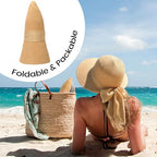 Beach Sun Straw Hats for Women, UPF 50+ UV Sun Protection Wide Brim Summer Straw Hat Foldable Packable Roll up Cap - color: Khaki Bow