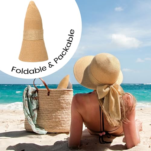 Beach Sun Straw Hats for Women, UPF 50+ UV Sun Protection Wide Brim Summer Straw Hat Foldable Packable Roll up Cap - color: Khaki Bow