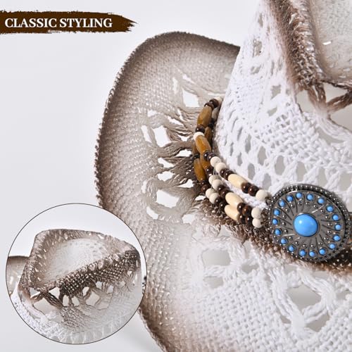 Straw Cowboy Hat for Men Womens Straw Cowgirl Hat Summer Western Cowboy Hats with Wide Brim for Cowgirls and Cowboys - color: White