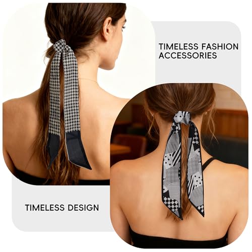 ZXZH 6 Pack Fashion Scarves for Women, Versatile Boho Head Scarf, Satin Scarf for Hair, Neck, Wrist, and Purse Accessories - color: Black & White Check