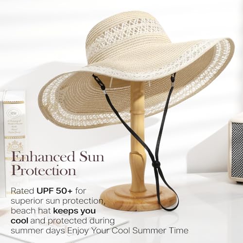 Womens Beach Sun Straw Hat, Wide Brim Sun Hat Travel Foldable Summer Wind Lanyard UPF 50+ - color: Beige With Lace